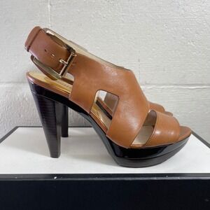 MICHAEL Kors Carla Brown Leather Sandals Platform Heels Slingback Women's 9.5 M